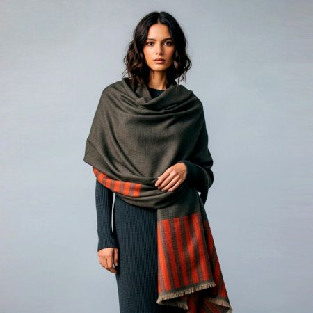 Handwoven Woolen Shawl in Olive Grey with Rust Striped Border